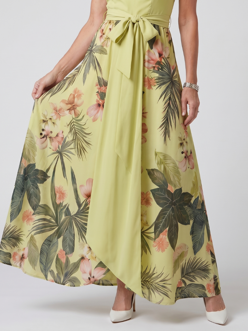 Prato | Abito Maxi con Pannello Botanico e Scollo Halter Drappeggiato