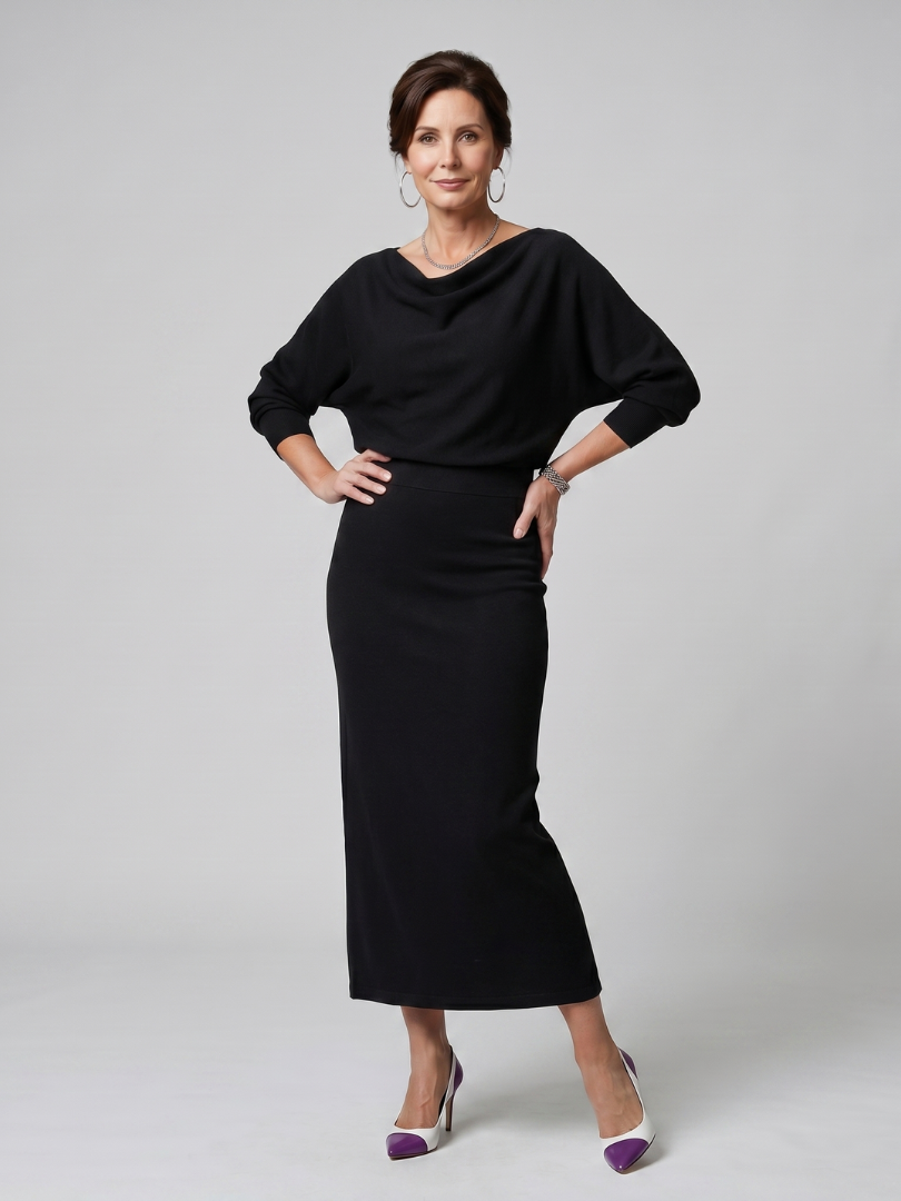 Romy | Abito midi con scollo drappeggiato e gonna aderente
