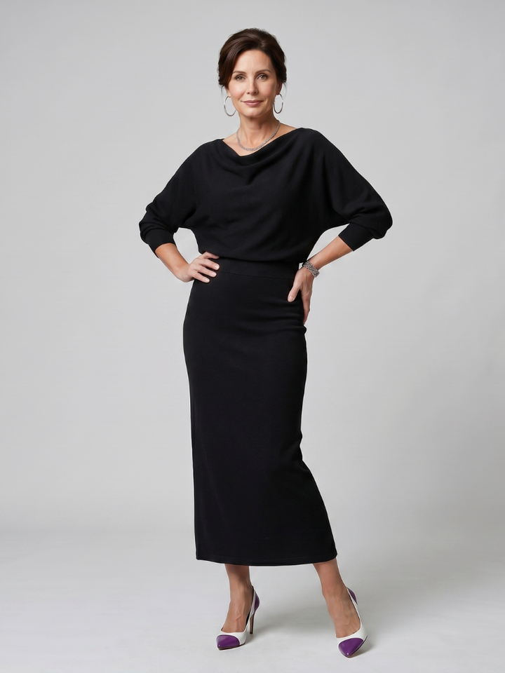 Romy | Abito midi con scollo drappeggiato e gonna aderente