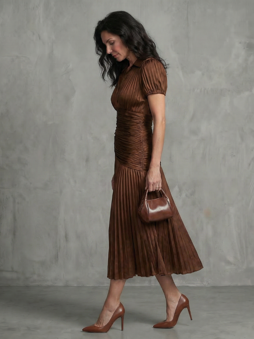 Theodora | Vestito midi a righe con vita plissettata
