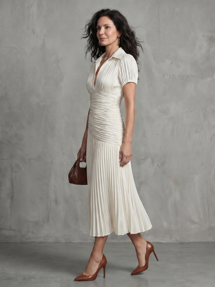 Theodora | Vestito Midi a Strisce con Vita Plissettata