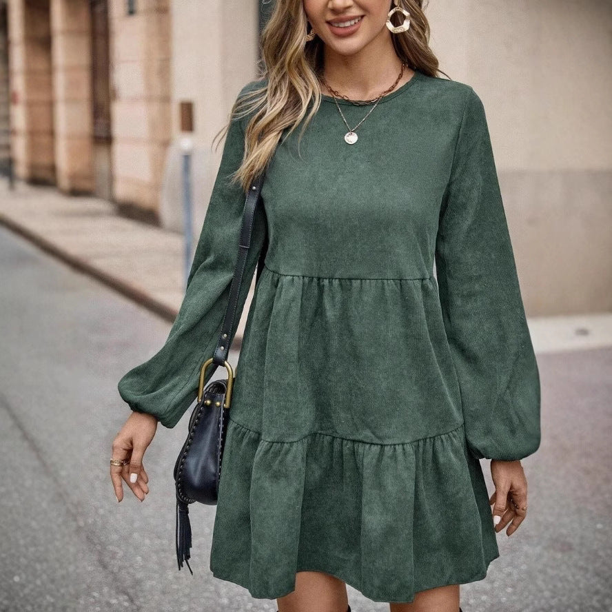 Abito Babydoll in Velluto a Coste Verde Foresta
