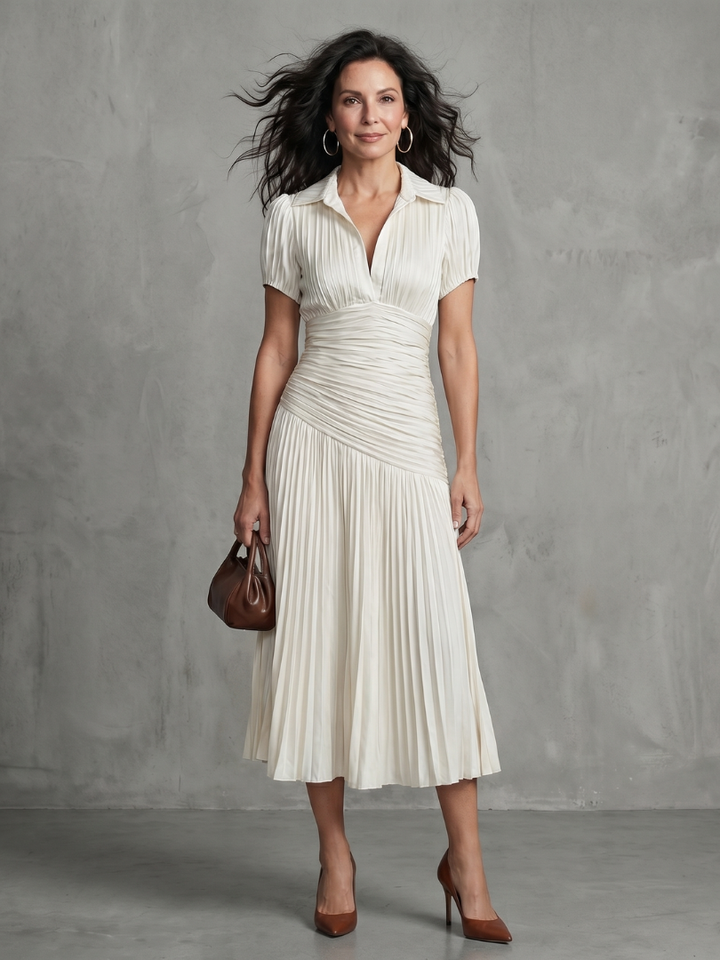 Theodora | Vestito midi a righe con vita plissettata