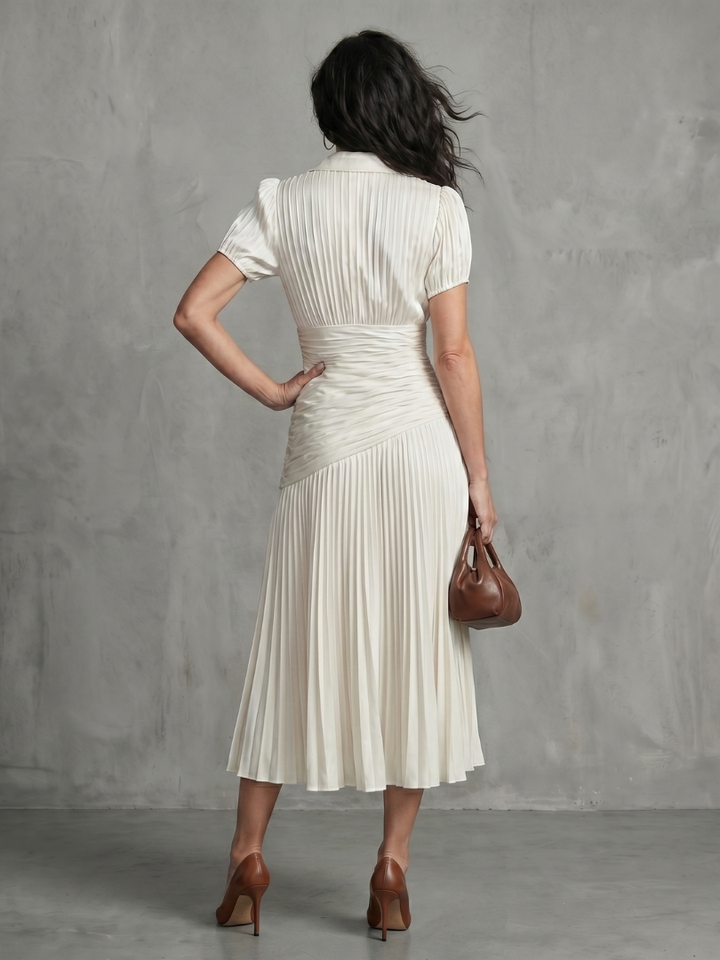 Theodora | Vestito midi a righe con vita plissettata