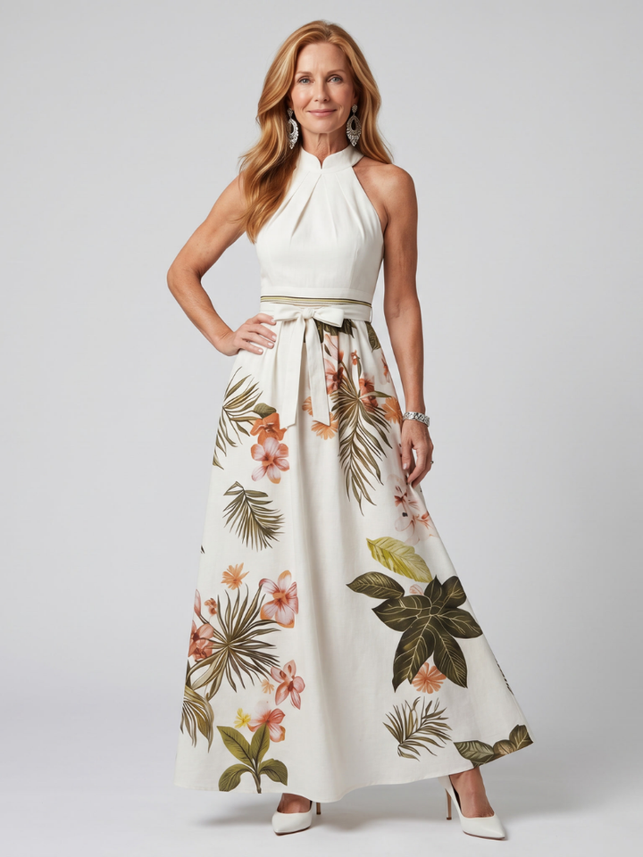Prato | Abito Maxi con Pannello Botanico e Scollatura Halter Drappeggiata