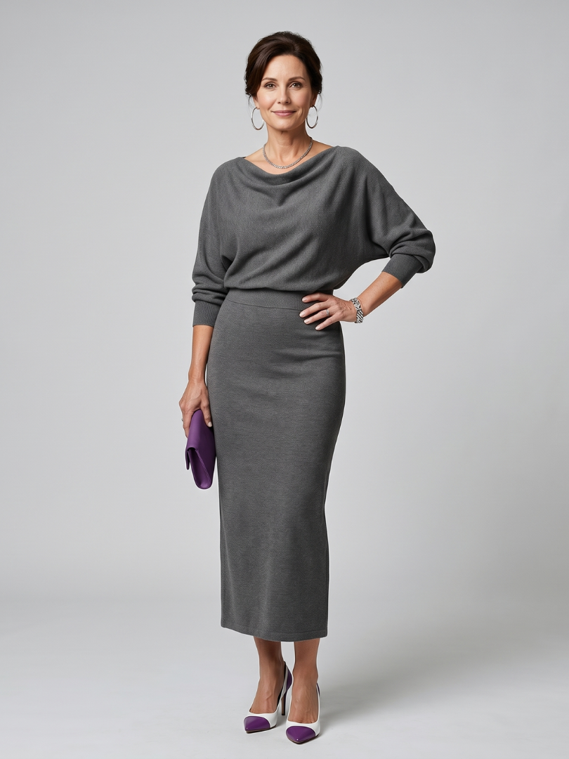 Romy | Abito midi con scollo drappeggiato e gonna aderente