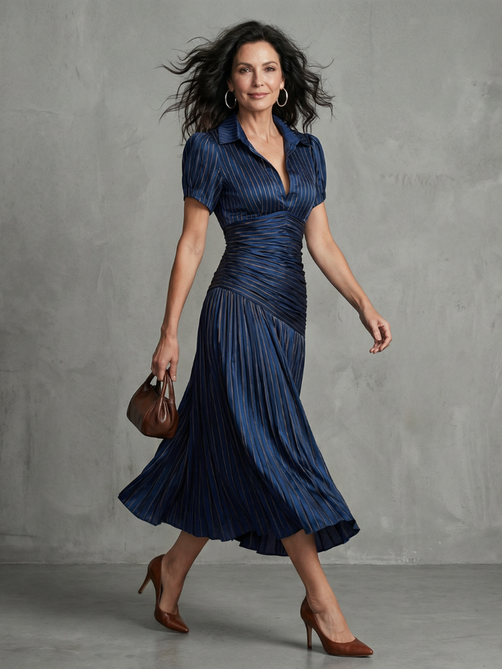 Theodora | Vestito midi a righe con vita plissettata