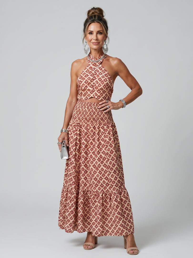 Amira | Abito Midi con Scollo Halter Incrociato e Stampa Geometrica
