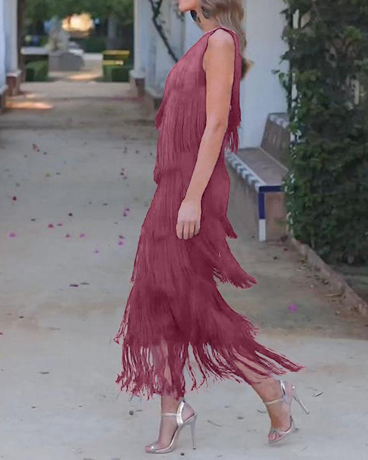 Abito elegante con frange Maya a spalle scoperte