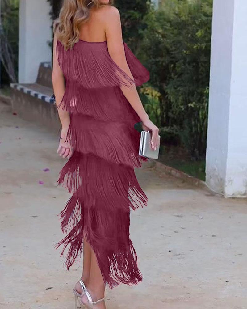 Abito elegante con frange Maya a spalle scoperte