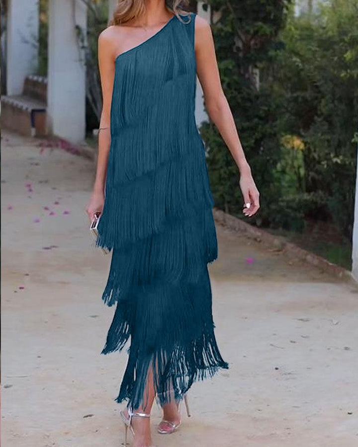 Abito elegante con frange Maya a spalle scoperte