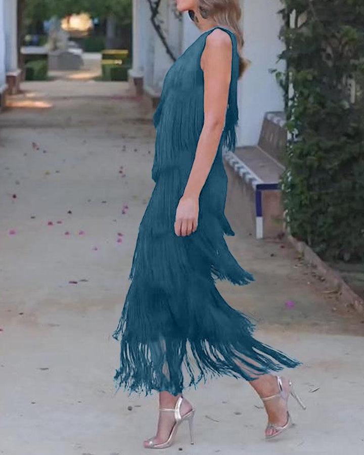 Abito elegante con frange Maya a spalle scoperte