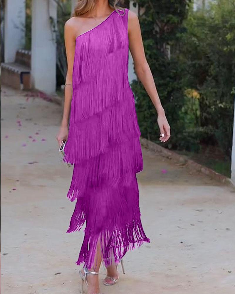 Abito elegante con frange Maya a spalle scoperte