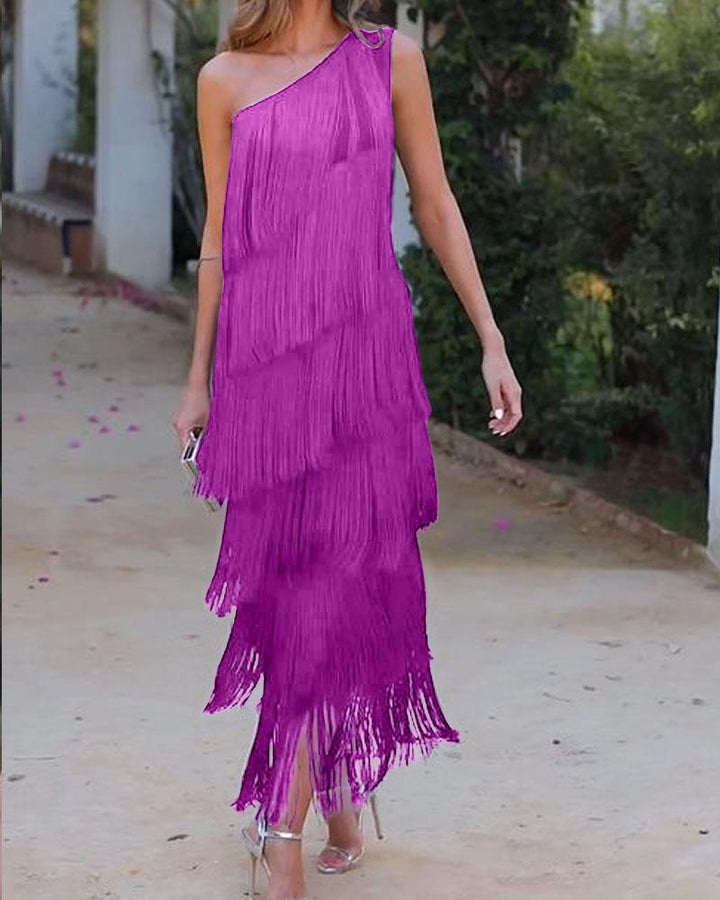 Abito elegante con frange Maya a spalle scoperte