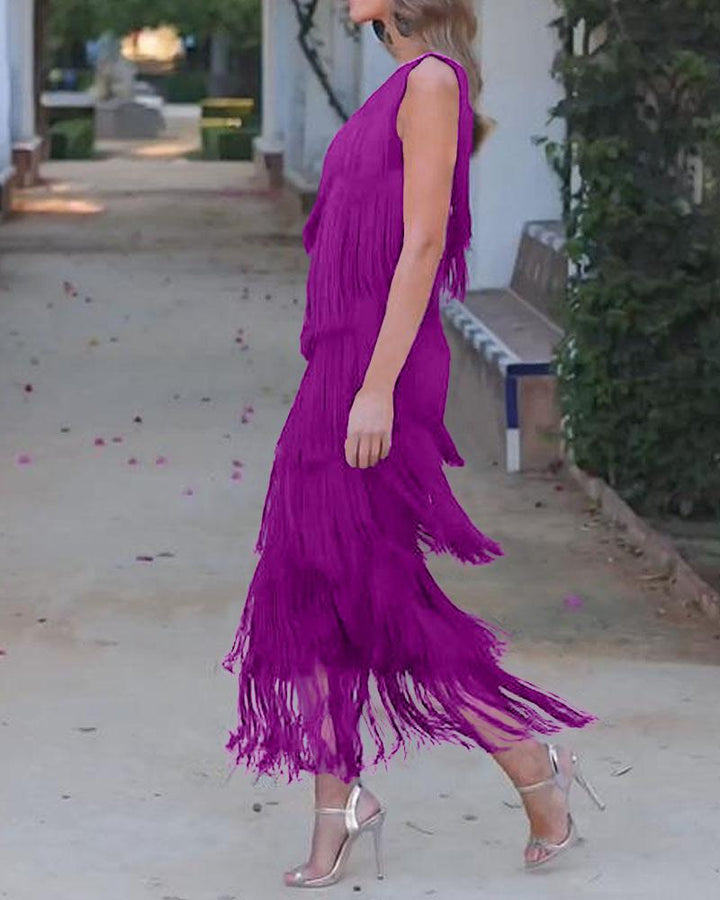 Abito elegante con frange Maya a spalle scoperte