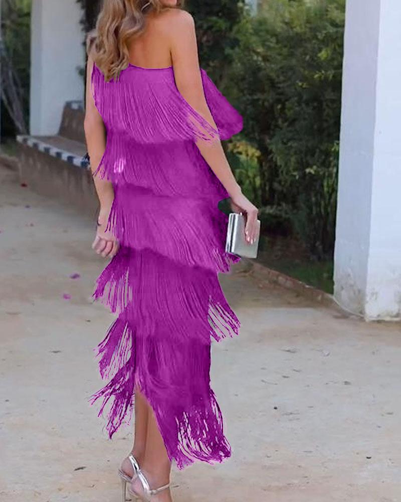 Abito elegante con frange Maya a spalle scoperte