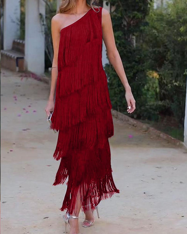 Abito elegante con frange Maya a spalle scoperte
