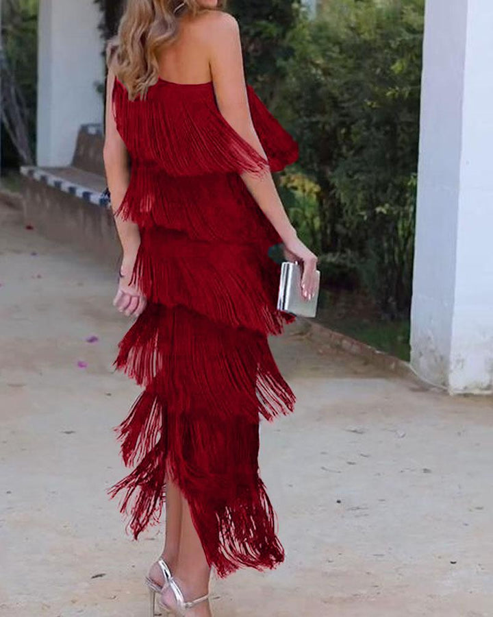 Abito elegante con frange Maya a spalle scoperte