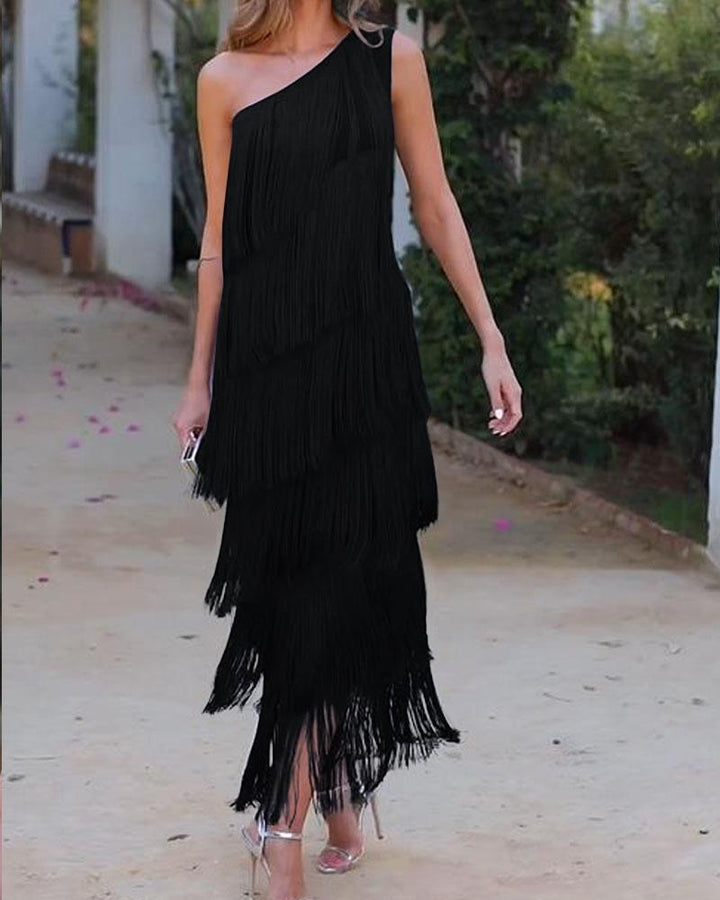 Abito elegante con frange Maya a spalle scoperte