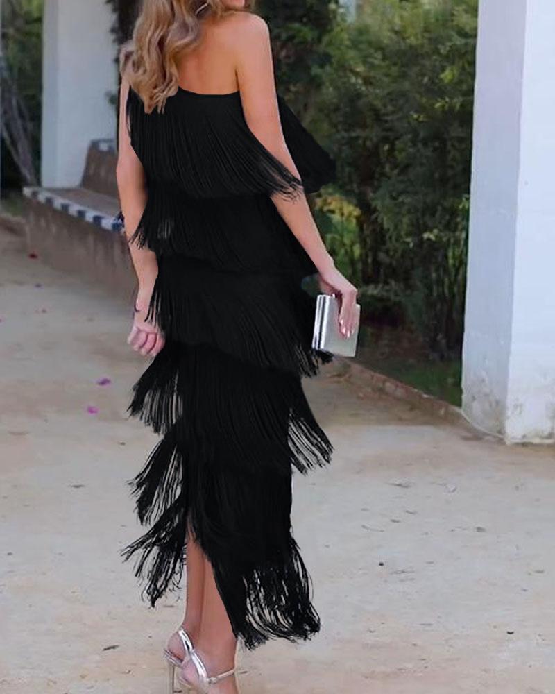 Abito elegante con frange Maya a spalle scoperte