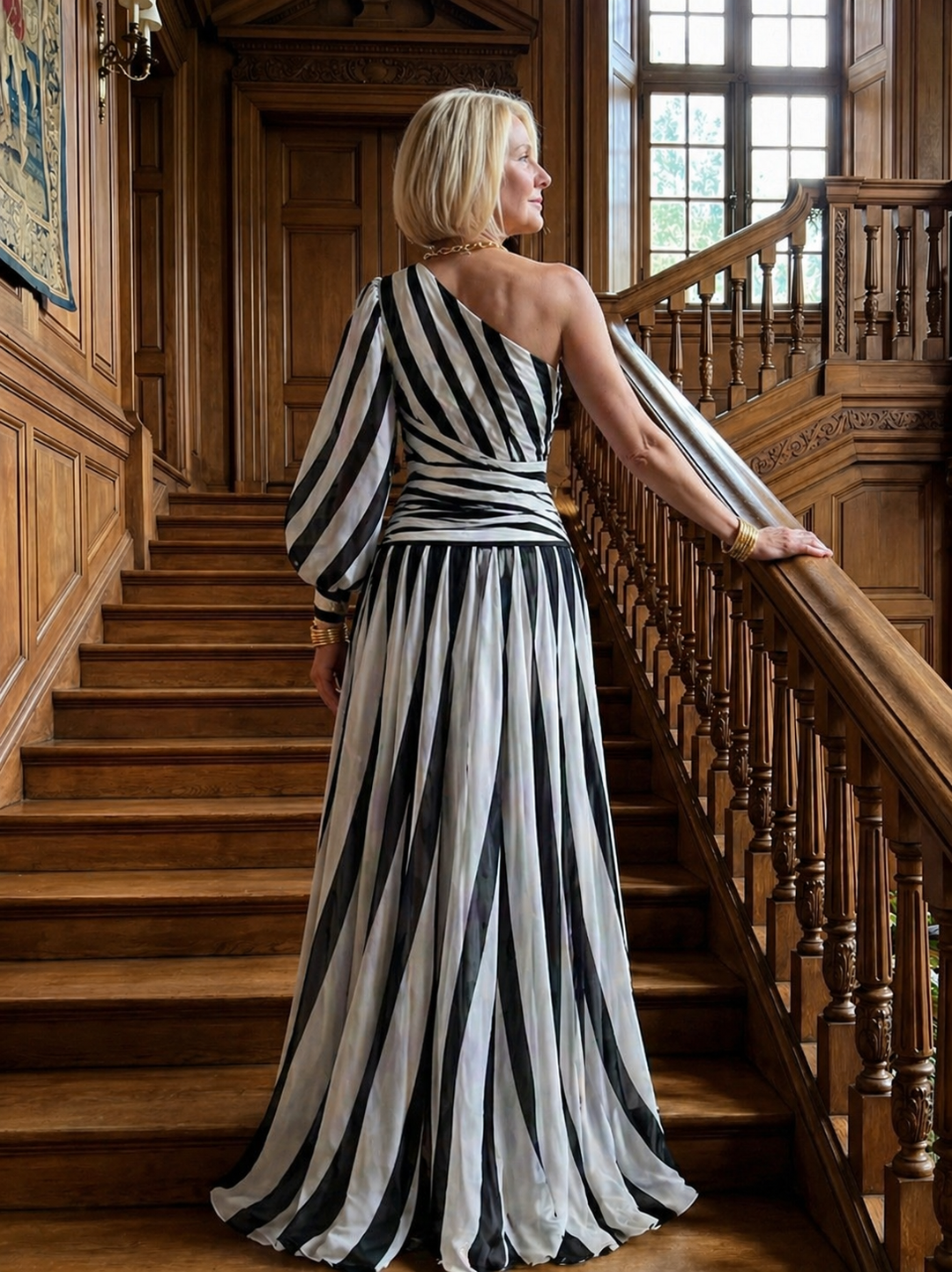 Ellis & Johnson™ | Elegante Abito Maxi a Righe con Spalla Scoperta