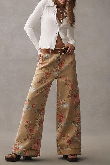 Pantaloni Casual a Vita Alta con Gamba Larga Floreali