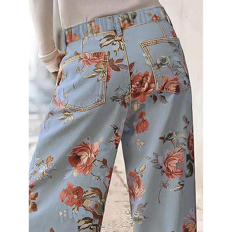 Pantaloni Casual a Vita Alta con Gamba Larga Floreali