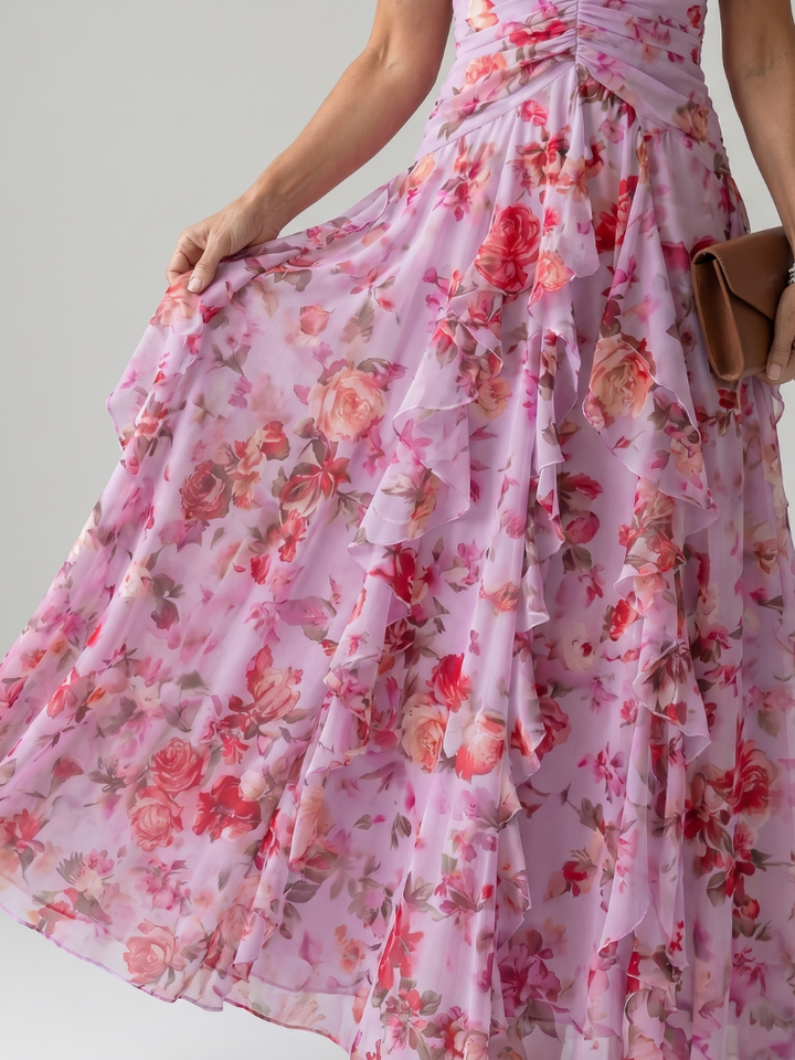 Nori | Abito Maxi Floreale con Corpino Arricciato e Collo Halter