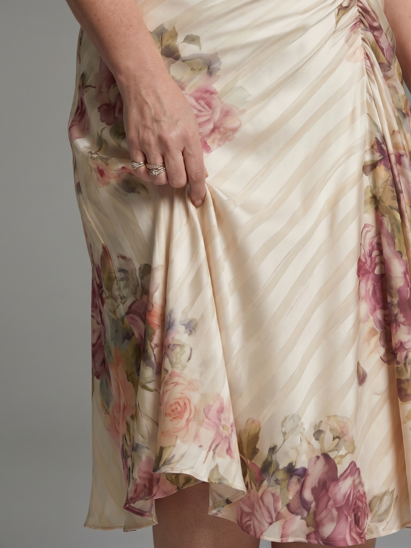 Katarina | Abito midi a maniche a sbuffo con stampa floreale a righe