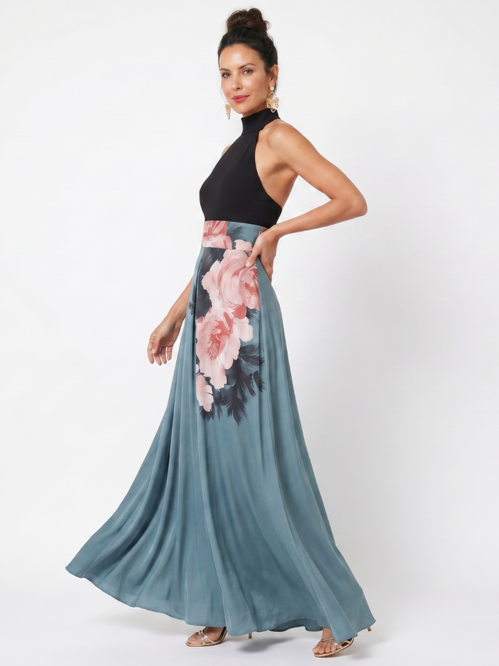Olympas | Abito Maxi a Corpetto con Scollo All'Americana e Gonna Floreale