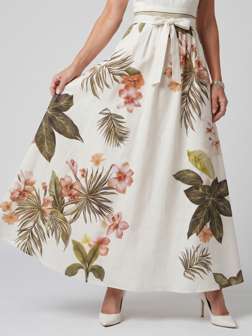 Prato | Abito Maxi con Pannello Botanico e Scollo Halter Drappeggiato