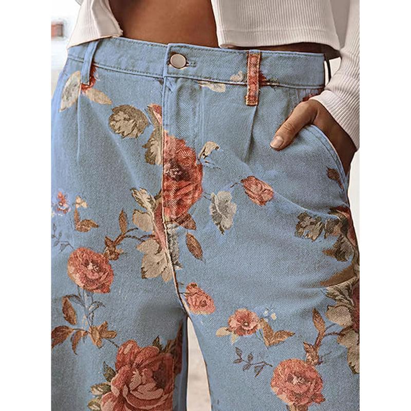 Pantaloni Casual a Vita Alta con Gamba Larga Floreali