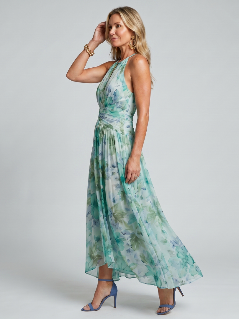 Portia | Abito Midi a Scollo All'Americana con Motivo Floreale Pieghettato
