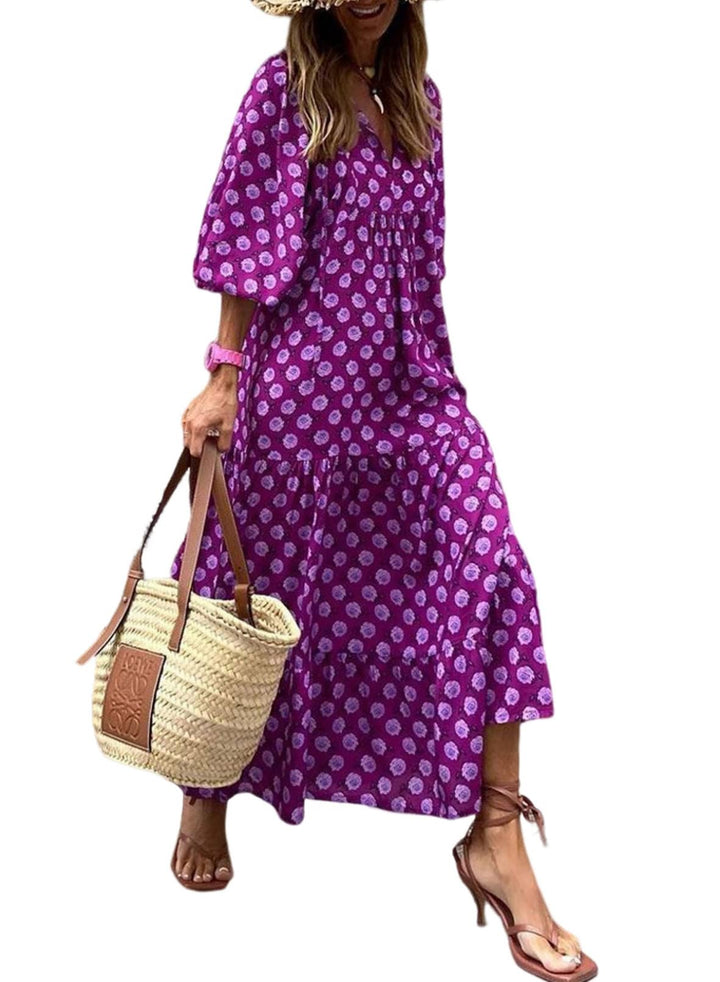 Abito Maxi Boho a Maniche Puff con Fantasia Floreale da Donna