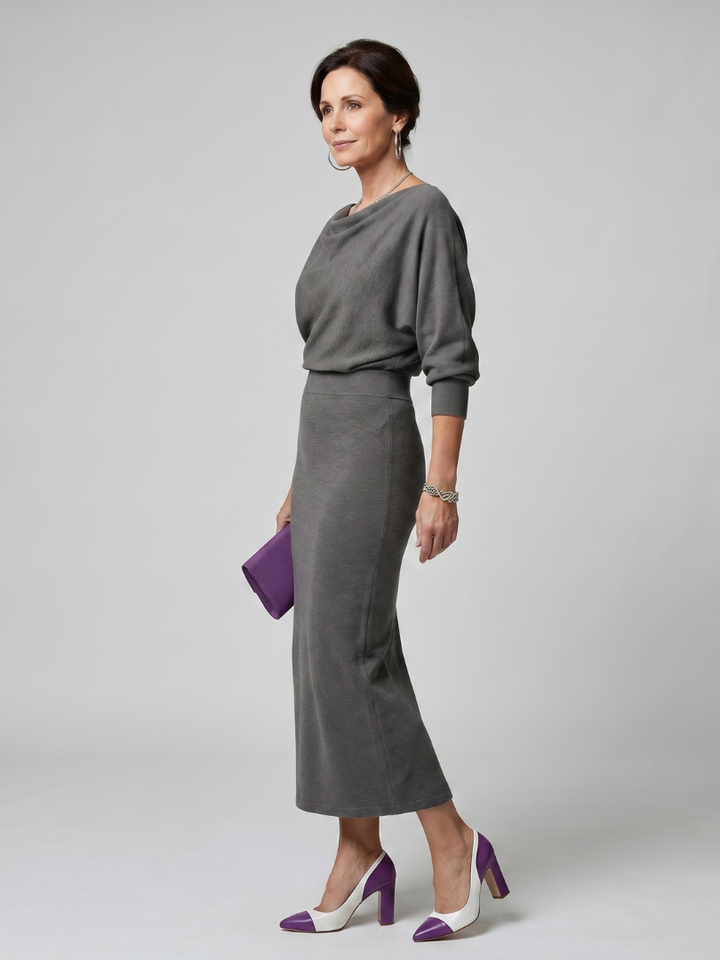 Romy | Abito midi con scollo drappeggiato e gonna aderente