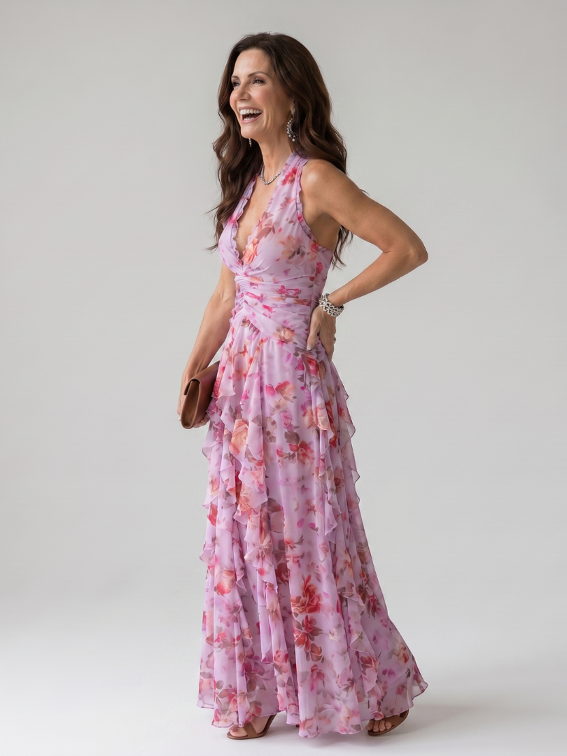Nori | Abito Maxi Floreale con Corpino Arricciato e Collo Halter