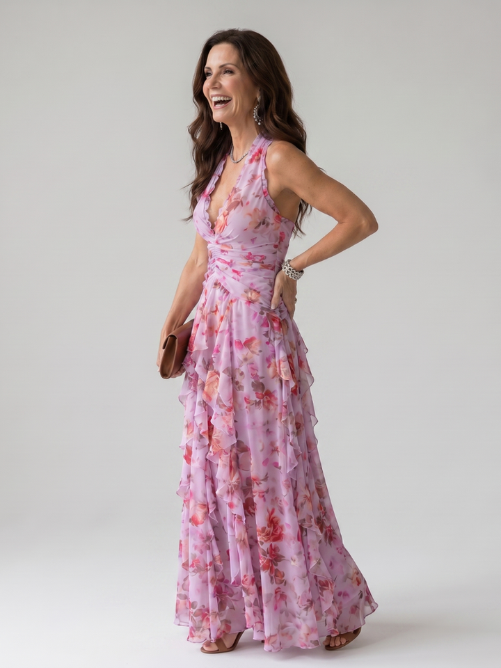 Nori | Abito Maxi Floreale con Corpino Arricciato e Collo Halter