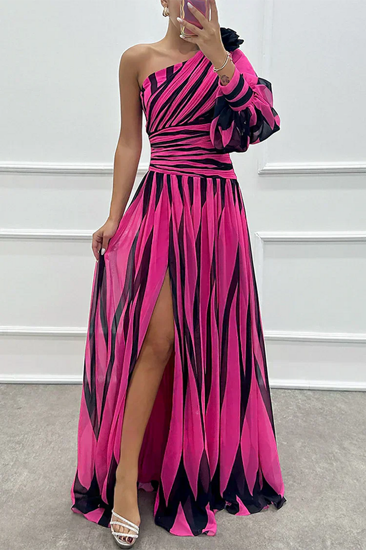 Ellis & Johnson™ | Elegante Abito Maxi a Righe con Spalla Scoperta