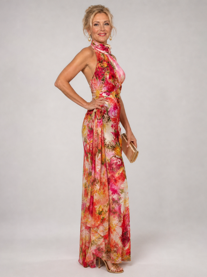 Elisabetta | Vestito Maxi con Stampa Floreale e Scollo All'Americana