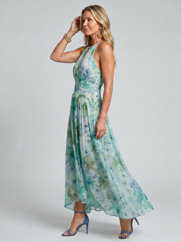 Portia | Abito midi floreale plissettato con scollo all'americana