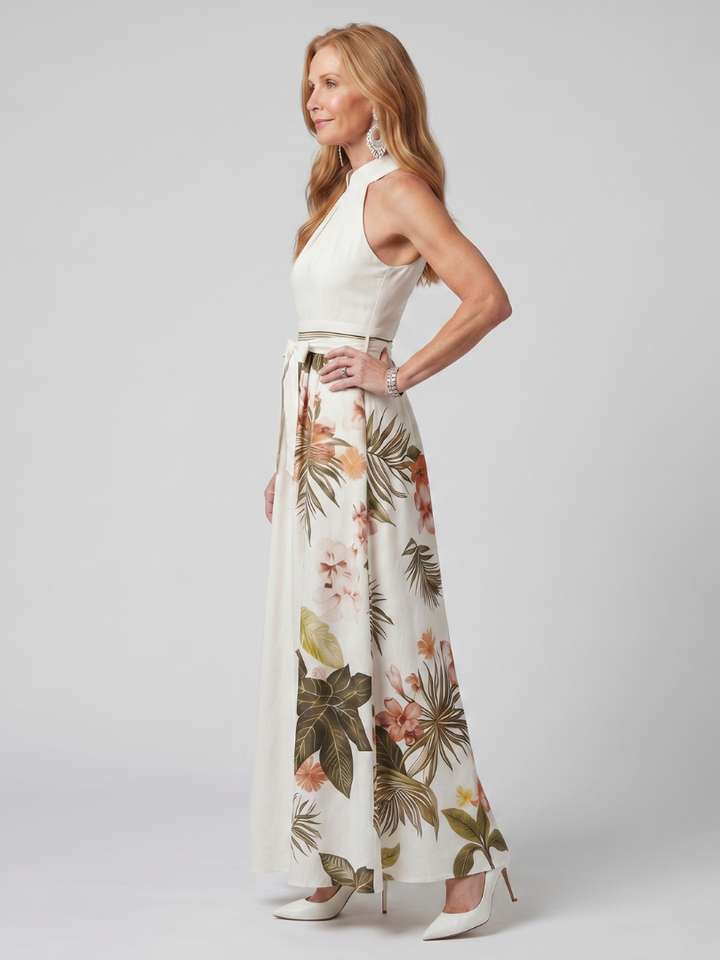 Prato | Abito Maxi con Pannello Botanico e Scollo Halter Drappeggiato