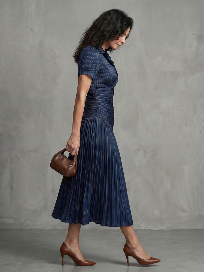 Theodora | Vestito midi a righe con vita plissettata