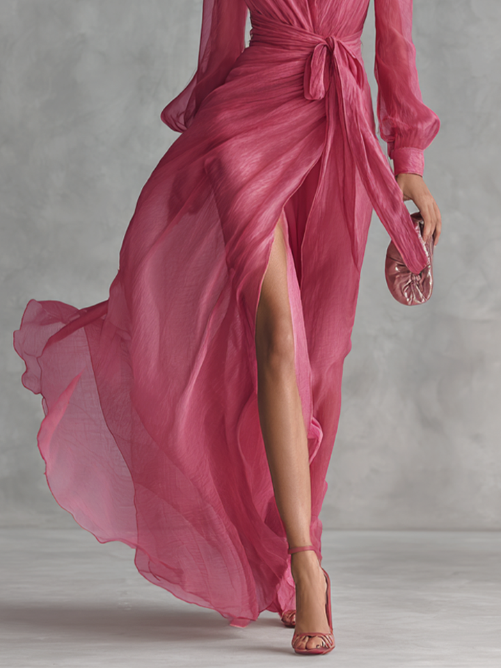 Abito in Chiffon Rosa con Scollatura a V