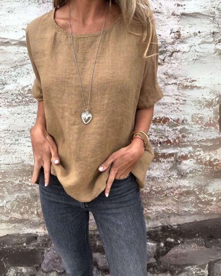 BAUA - T-shirt in Cotone e Lino con Collo Rotondo