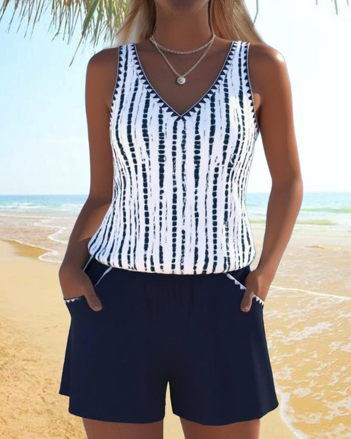 Mia | Costume da bagno casual a due pezzi stampato con scollatura a V e tasche