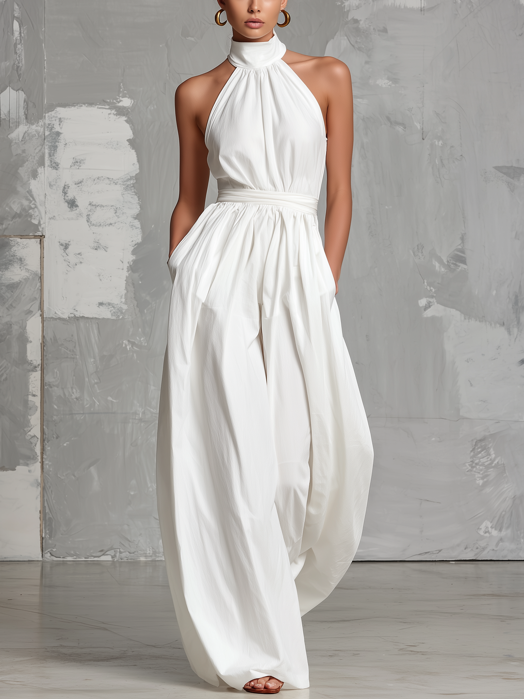 Combinazione elegante bianca tessuta, senza maniche, con colletto a halter