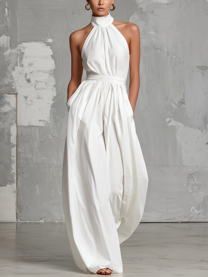 Combinazione elegante bianca tessuta, senza maniche, con colletto a halter