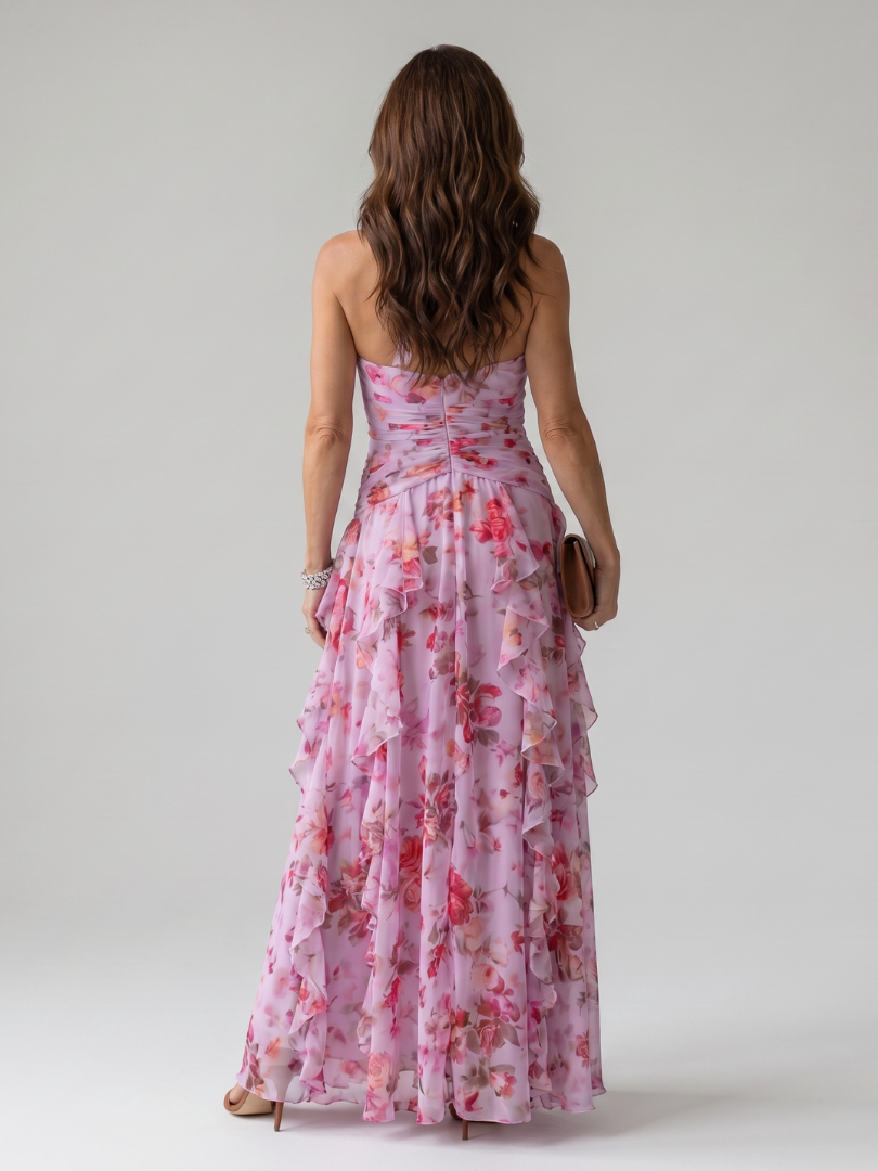 Nori | Abito Maxi Floreale con Corpino Arricciato e Collo Halter
