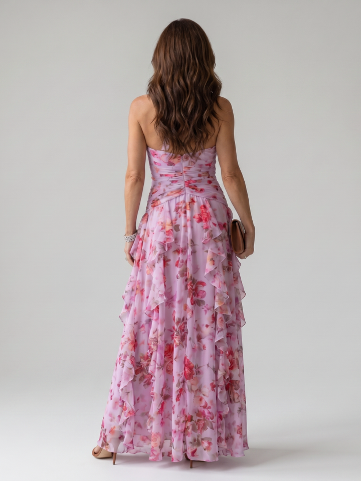 Nori | Abito Maxi Floreale con Corpino Arricciato e Collo Halter