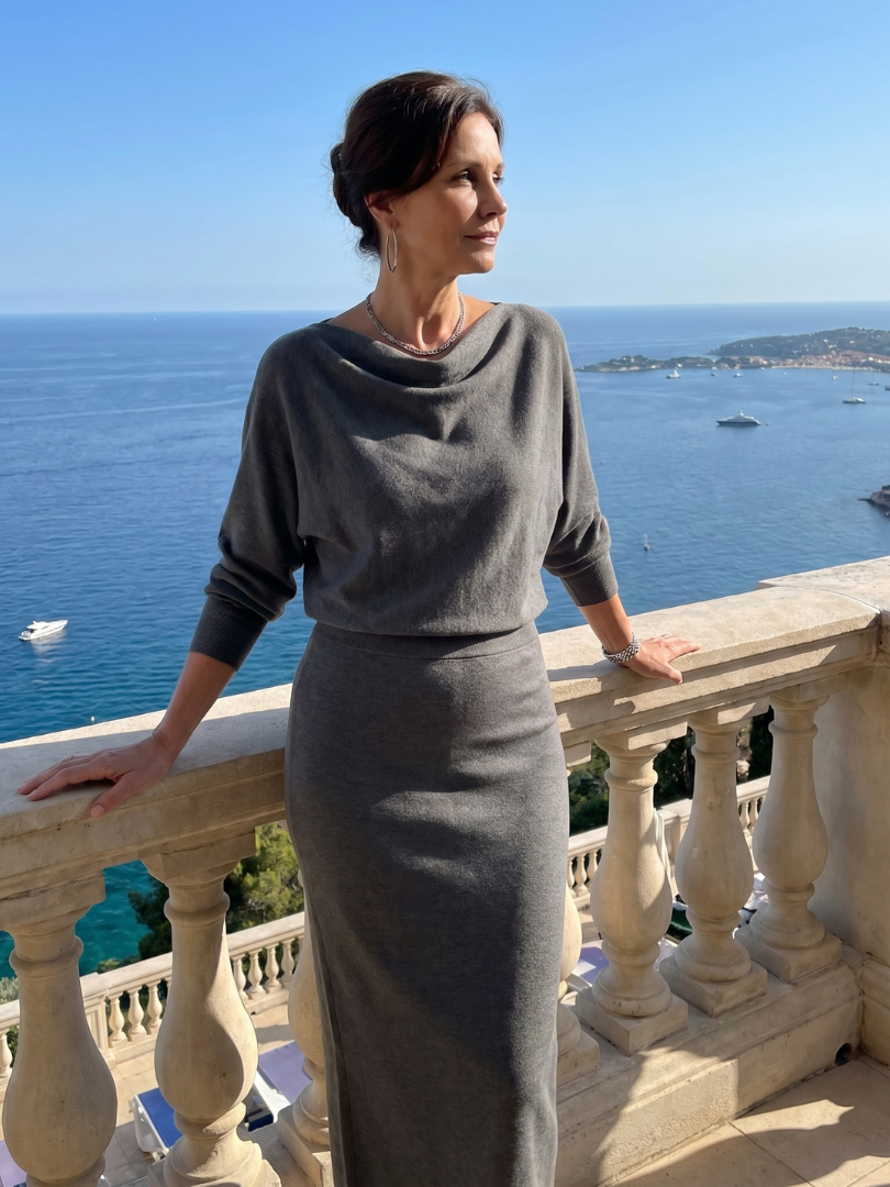 Romy | Abito midi con scollo drappeggiato e gonna aderente